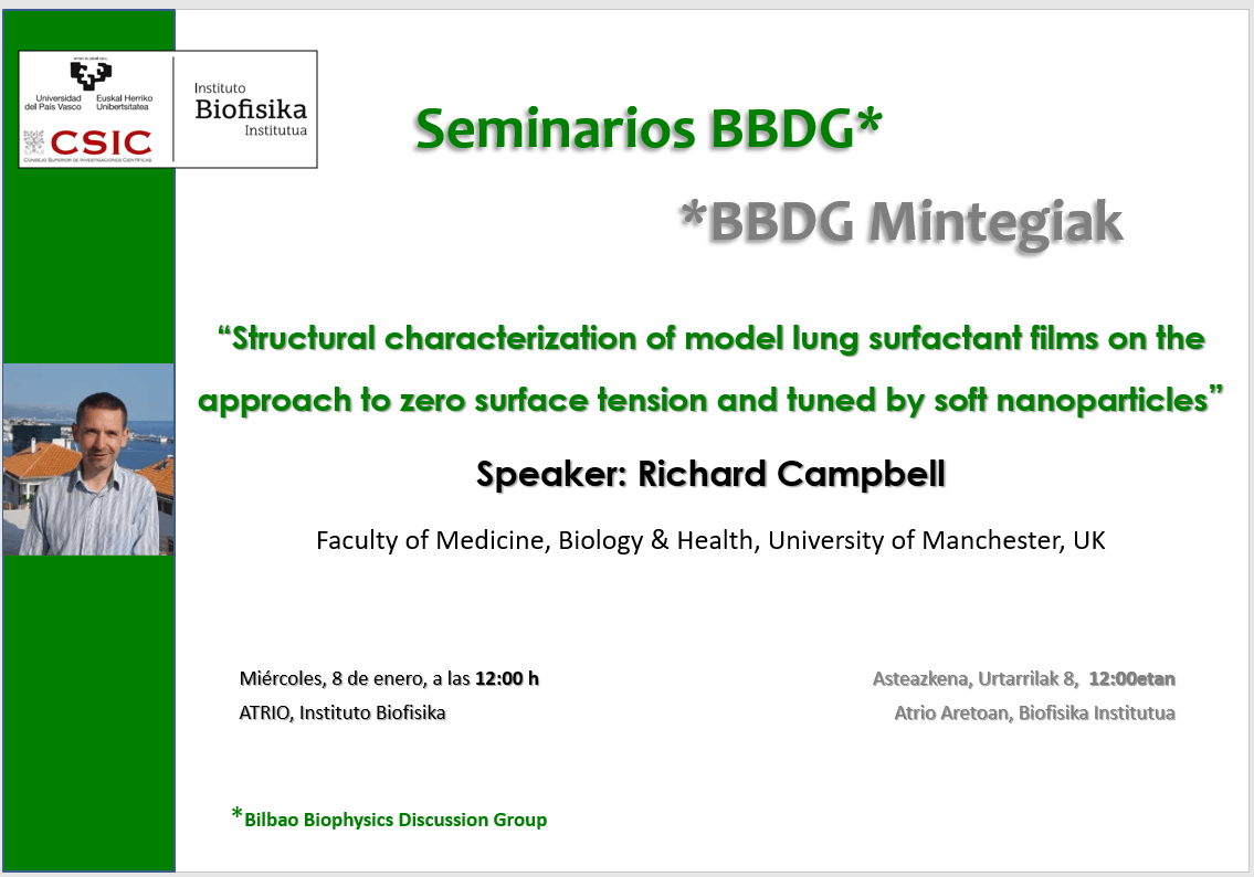 BBDG Seminar: "Structural characterization of model lung surfactant films on the approach to zero surface tension and tuned by soft nanoparticles"